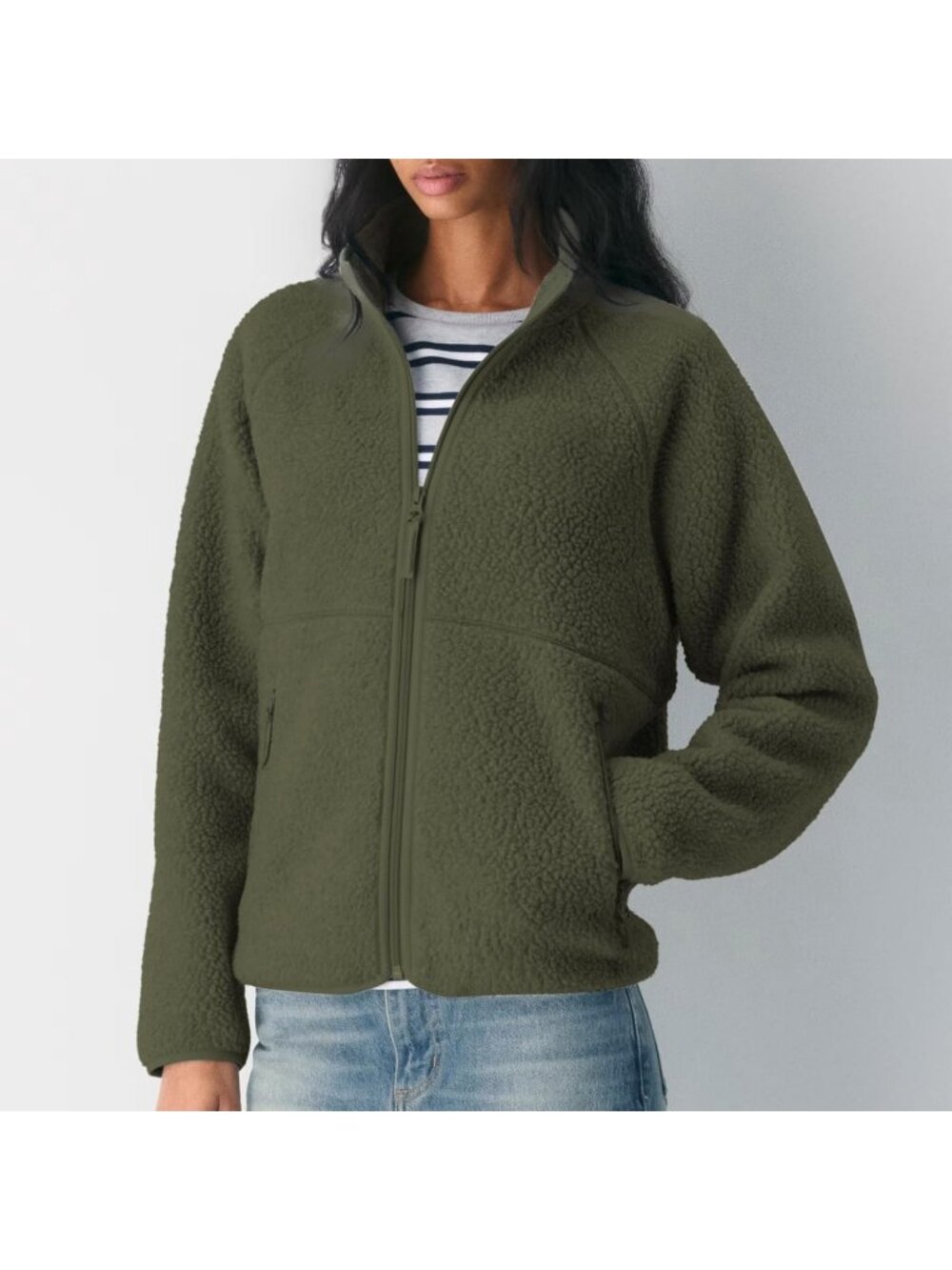 Women's Dark Green Fuzzy Fleece Jacket Full Zip Fall Winter Sherpa Warm Coats - Picture 4 of 6